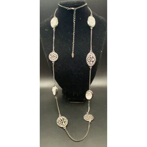 VCLM Gunmetal Chain Necklace Filigree Faux Sparkly Druzy Crystals 36+3" Station